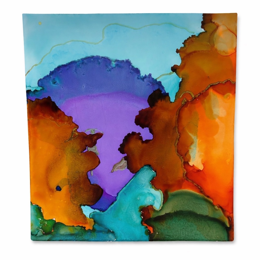 “Boy & His Dog” Abstract Alcohol Ink Painting Purple Orange Modern Art 7x5